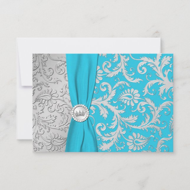 Turquoise and Silver Damask Quinceanera RSVP Card (Front)
