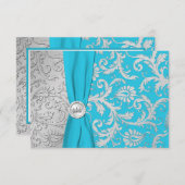 Turquoise and Silver Damask Quinceanera RSVP Card (Front/Back)