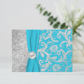 Turquoise and Silver Damask Quinceanera RSVP Card (Standing Front)
