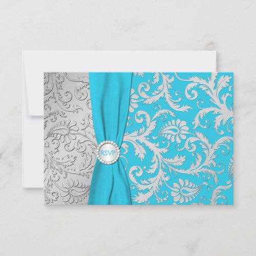 Turquoise and Silver Damask RSVP Card