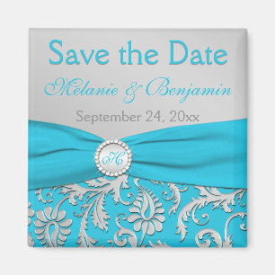 Turquoise and Silver Damask Save the Date Magnet