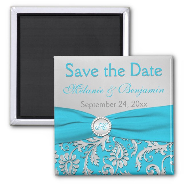 Turquoise and Silver Damask Save the Date Magnet (Front)