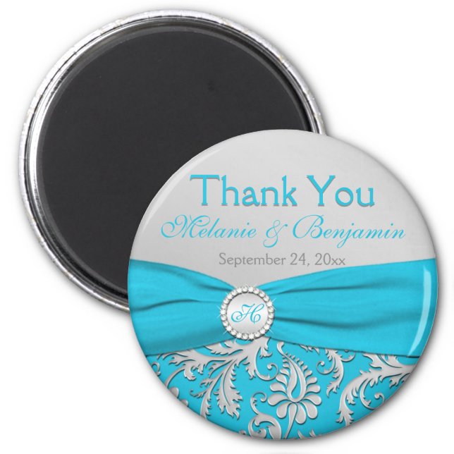 Turquoise and Silver Damask Wedding Favor Magnet (Front)
