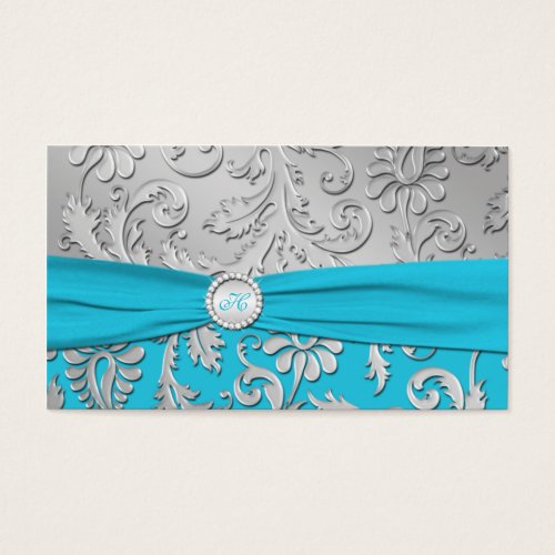 Turquoise and Silver Damask Wedding Favor Tag Business Cards