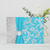 Turquoise and Silver Damask Wedding Invitation (Standing Front)