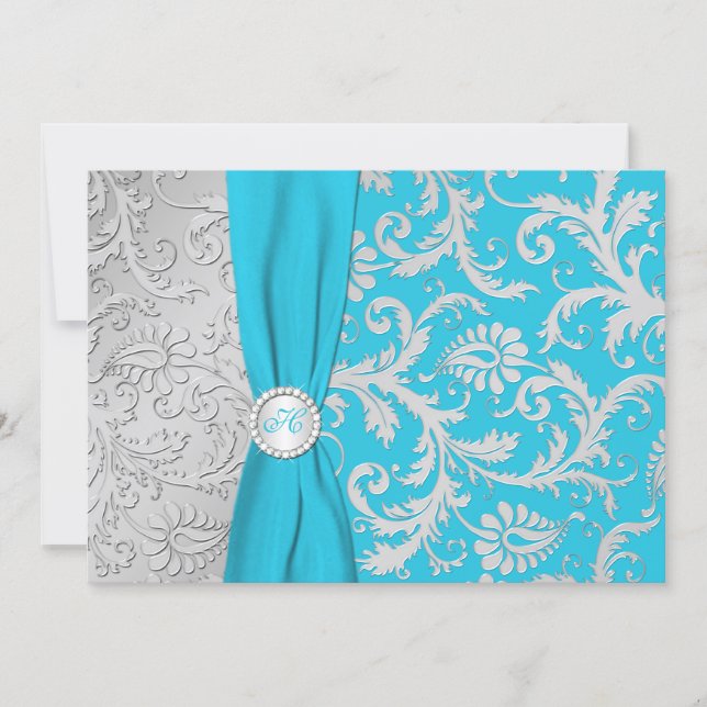 Turquoise and Silver Damask Wedding Invitation (Front)