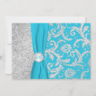 Turquoise and Silver Damask Wedding Invitation
