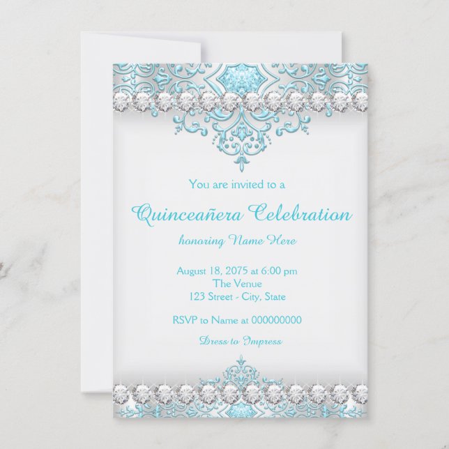 Turquoise and Silver Diamond Quinceanera Invitation (Front)
