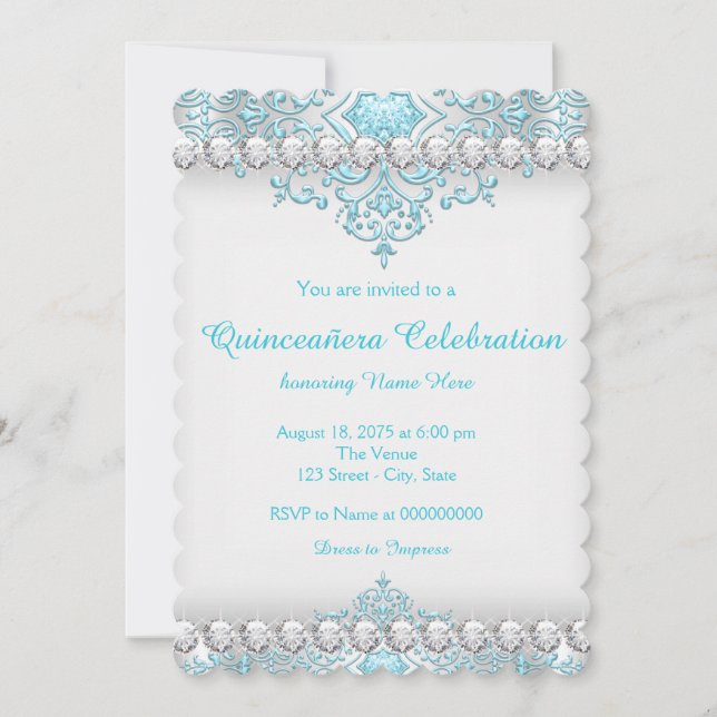 Turquoise and Silver Diamond Quinceanera Invitation (Front)
