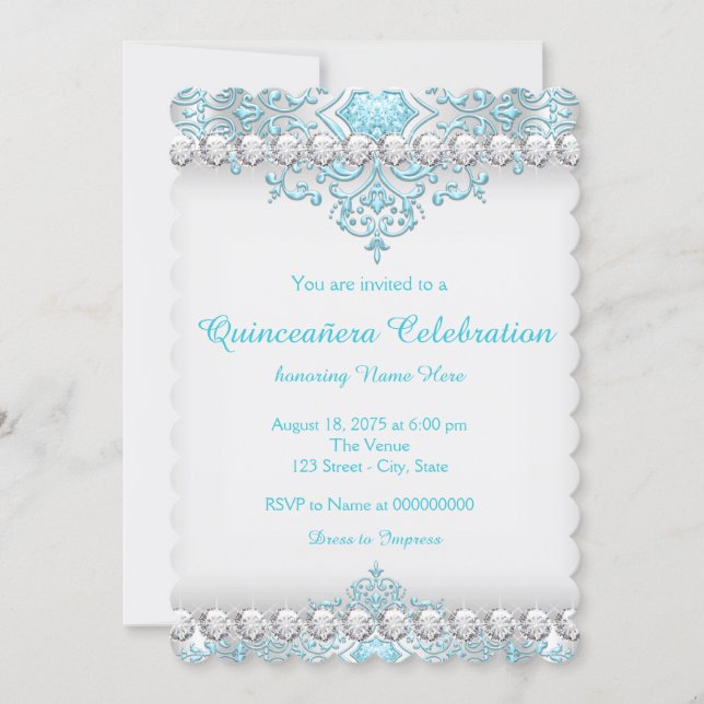 Turquoise and Silver Diamond Quinceanera Invitation (Front)