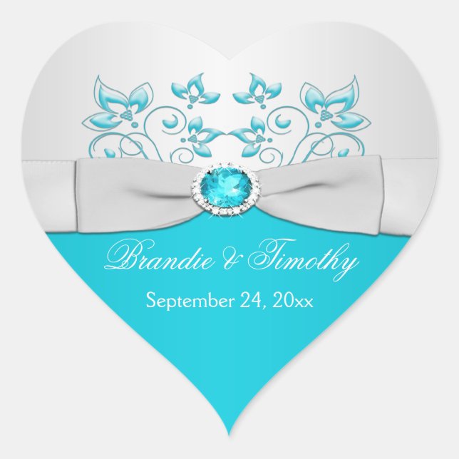 Turquoise and Silver Floral Heart Shaped Sticker (Front)