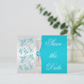 Turquoise and Silver Floral Save the Date Announcement Postcard (Standing Front)