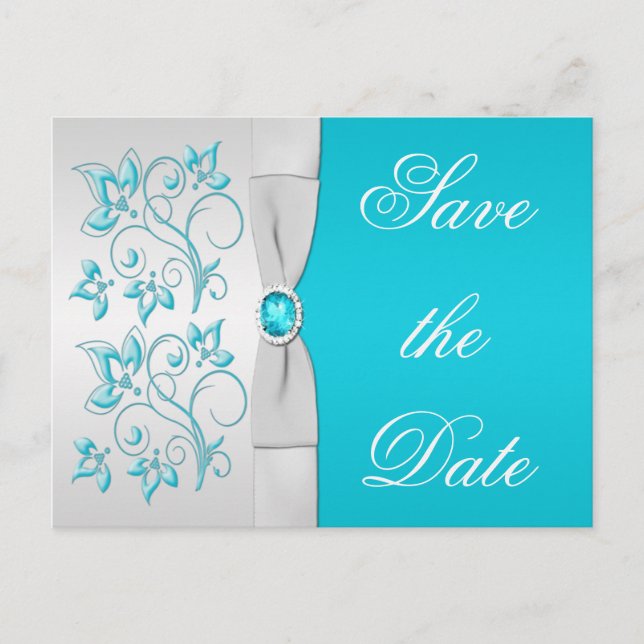 Turquoise and Silver Floral Save the Date Announcement Postcard (Front)