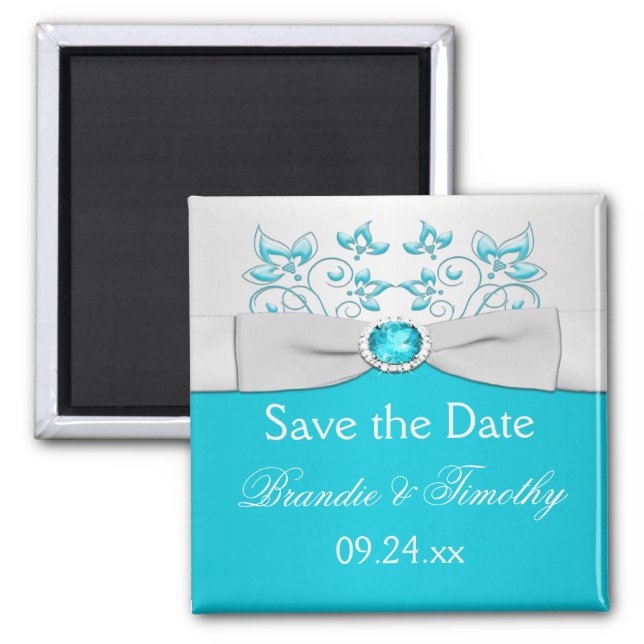 Turquoise and Silver Floral Save the Date Magnet (Front)