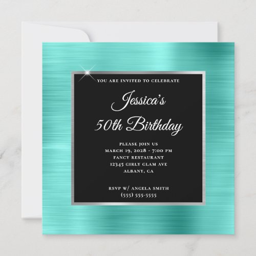 Turquoise and Silver Foil Black 50th Birthday Invitation