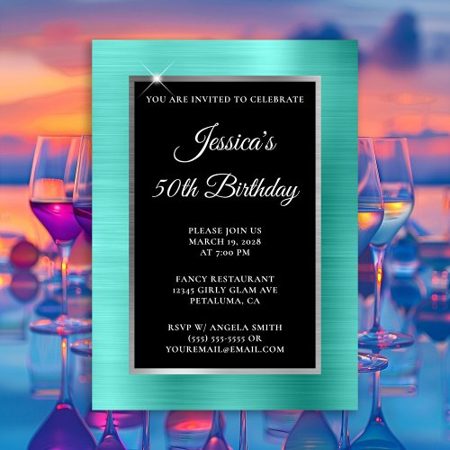 Turquoise and Silver Foil Black 50th Birthday Invitation