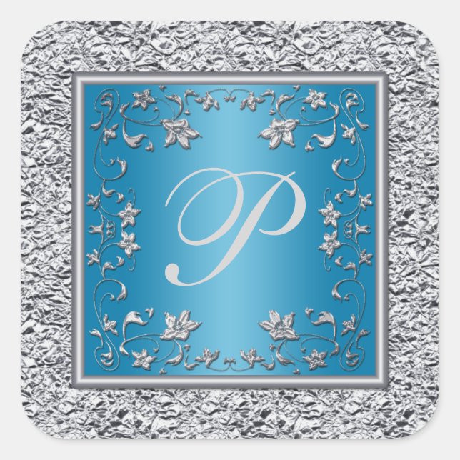 Turquoise and Silver Foil Floral  Monogram Sticker (Front)