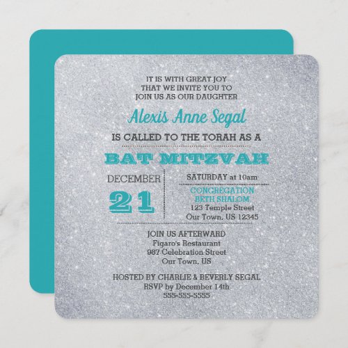 Turquoise and Silver Glitter Glam Bat Mitzvah Invitation