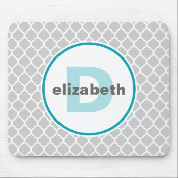 Turquoise And Silver Quatrefoil Monogram Mouse Pad by snowfinch at Zazzle