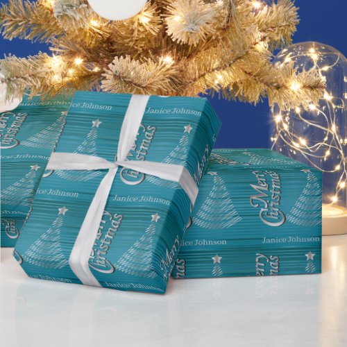 Turquoise and Silver Scribble Christmas Tree Wrapping Paper