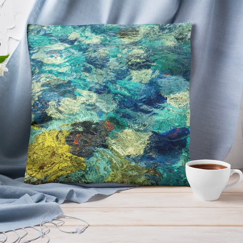 Turquoise and Teal Abstract Watery Paint Pour Throw Pillow