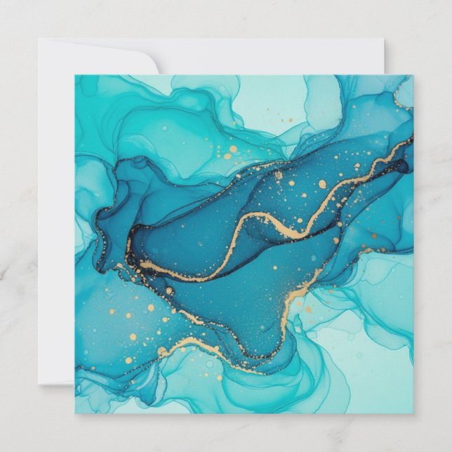 Turquoise and Teal Alcohol Ink Abstract with Gold  Invitation (Front)
