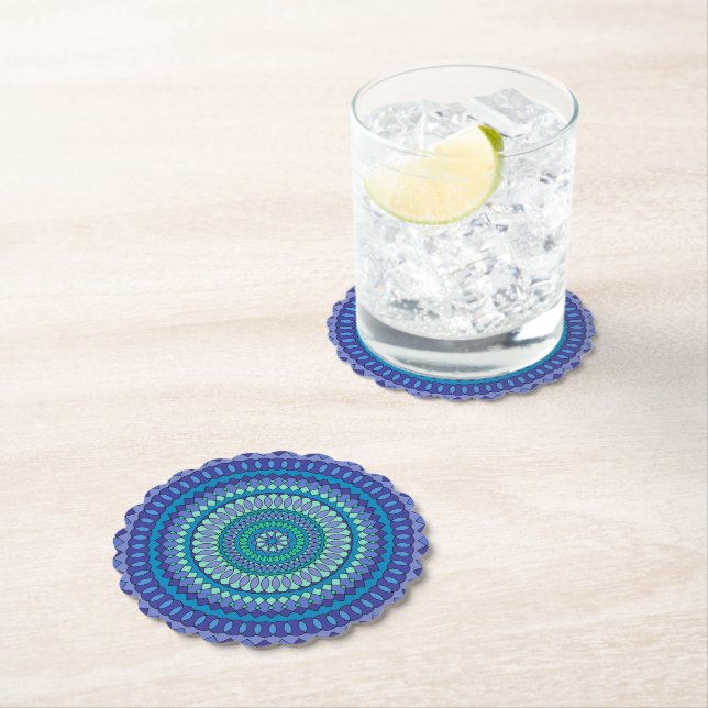 Turquoise and teal blue mandala  paper coaster (Insitu)