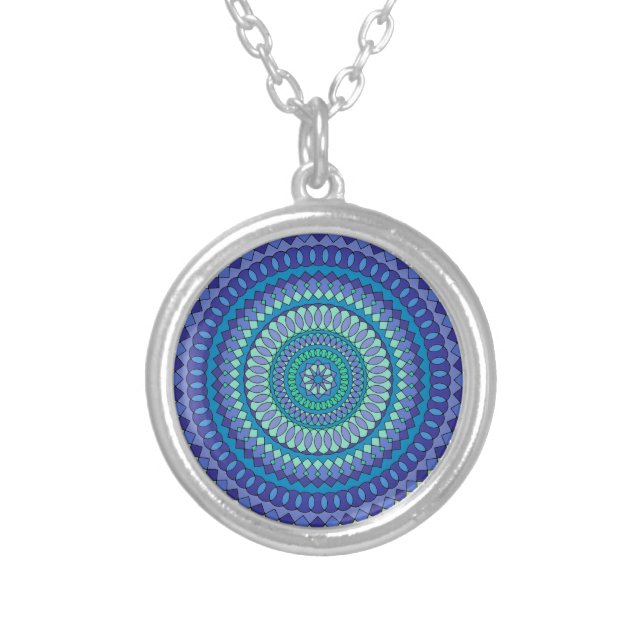 Turquoise and teal blue mandala  silver plated necklace (Front)