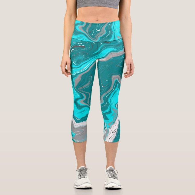  Turquoise and Teal Marble Fluid Art   Capri Leggings (Front)