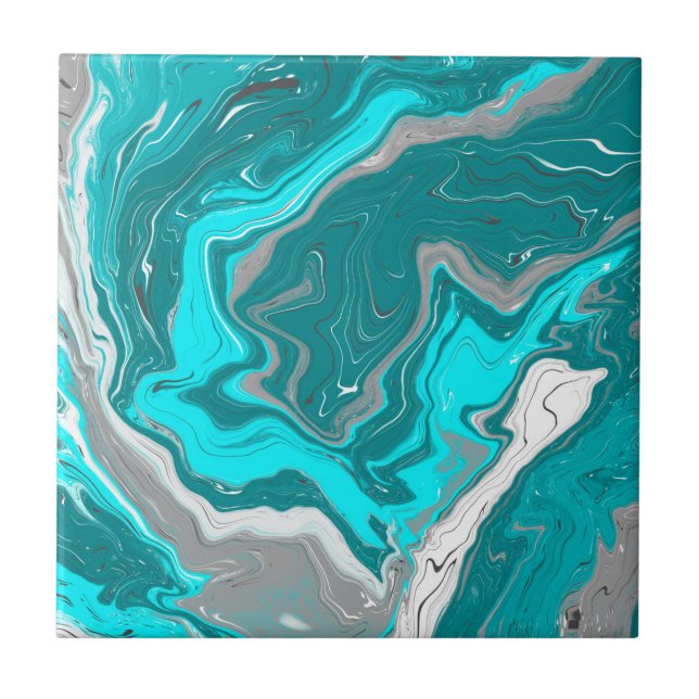 Turquoise and Teal Marble Fluid Art  Ceramic Tile (Front)