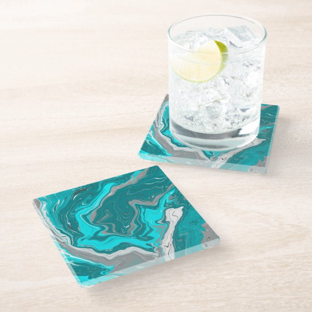 Turquoise and Teal Marble Fluid Art    Glass Coaster (Angled)