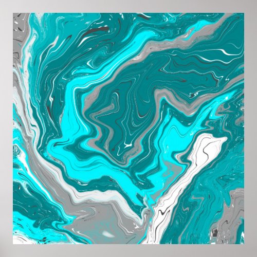 Turquoise and Teal Marble Fluid Art   Poster