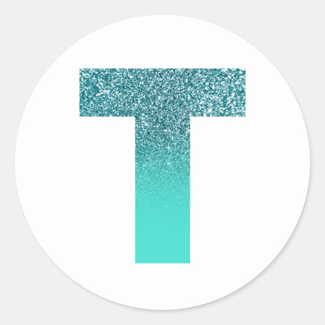Turquoise and Teal Ombre Glitter Monogram T Classic Round Sticker (Front)