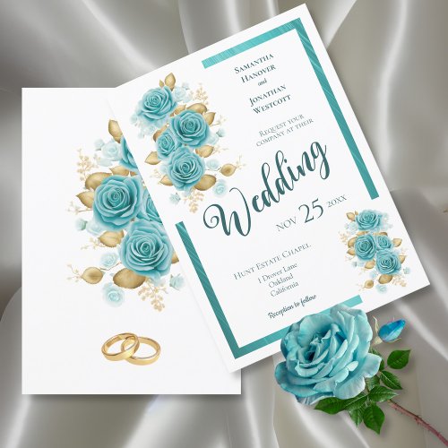 Turquoise and Teal Rose Elegant Wedding Invitation