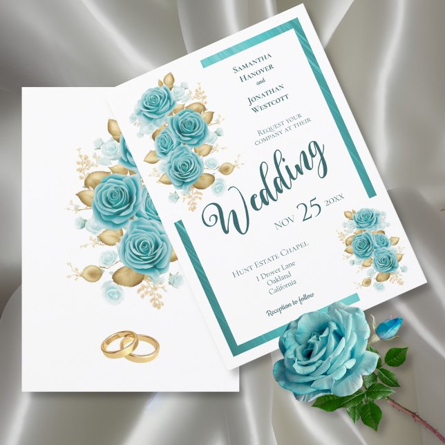 Turquoise and Teal Rose Elegant Wedding Invitation (Creator Uploaded)