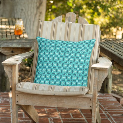 Turquoise and Teal Shibori Plaid Outdoor Pillow
