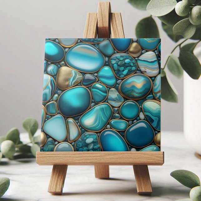 Turquoise and Teal Stones with Golden Outlines Ceramic Tile (Creator Uploaded)