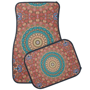 Turquoise and Terracotta Geometric Mandala Pattern Car Floor Mat
