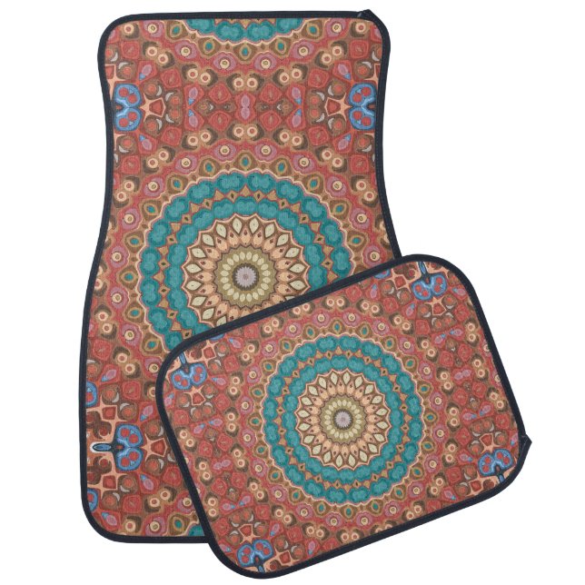 Turquoise and Terracotta Geometric Mandala Pattern Car Floor Mat (Set)