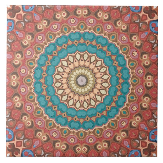 Turquoise and Terracotta Geometric Mandala Pattern Ceramic Tile (Front)