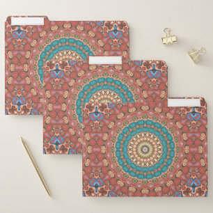 Turquoise and Terracotta Geometric Mandala Pattern File Folder