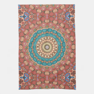 Turquoise and Terracotta Geometric Mandala Pattern Kitchen Towel