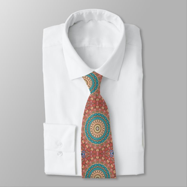 Turquoise and Terracotta Geometric Mandala Pattern Neck Tie (Tied)