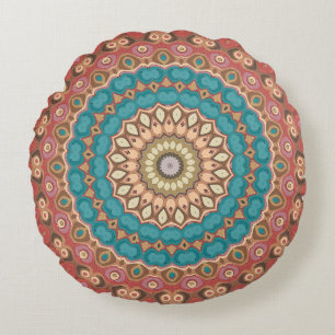 Turquoise and Terracotta Geometric Mandala Pattern Round Pillow
