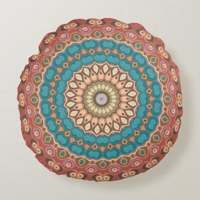 Turquoise and Terracotta Geometric Mandala Pattern Round Pillow (Front)