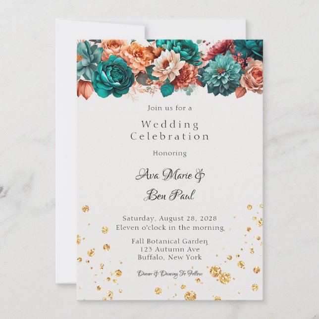 Turquoise and Terracotta Peony Wedding Celebration Invitation (Front)