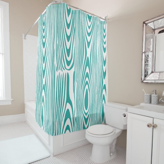 Turquoise And White Abstract Wood Grain Pattern Shower Curtain (In Situ)