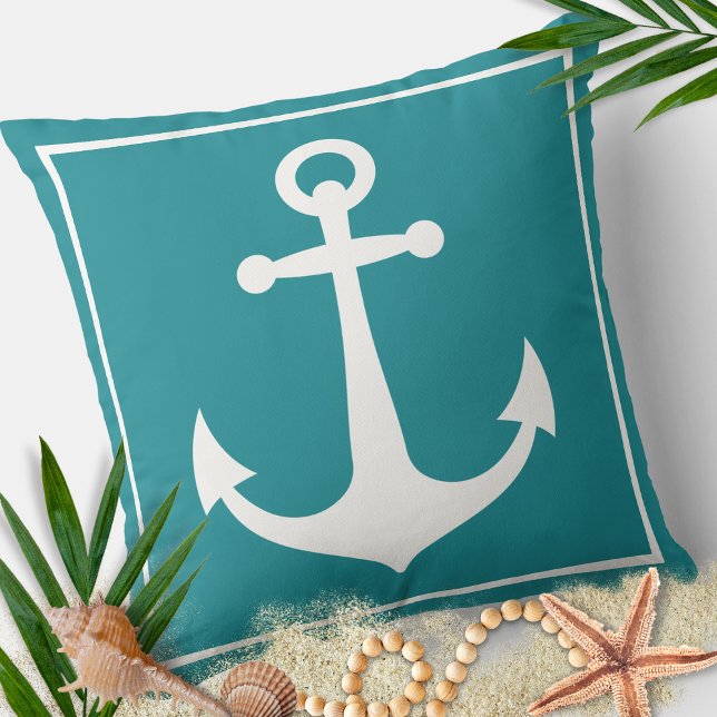 Turquoise and White Anchor Nautical Boat Beach Throw Pillow (Creator Uploaded)