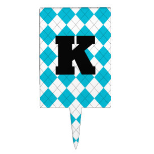 Turquoise and White Argyle Monogram Personalize Cake Topper
