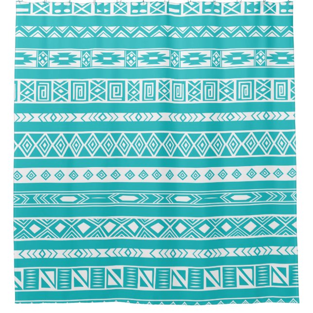 Turquoise and White Aztec Ethnic Tribal pattern Shower Curtain (Front)
